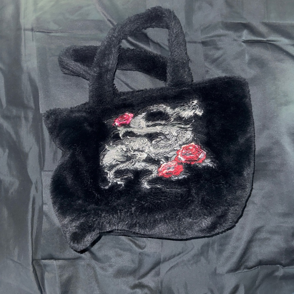 Black Faux Fur Tote Bag with Dragon and Rose Design